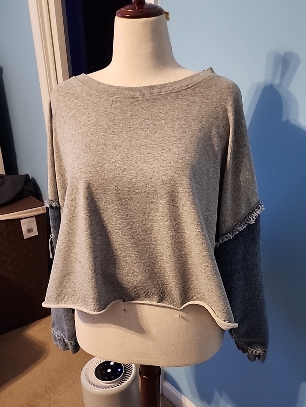 Fashion Nova Grey Sweatshirt with Denim-Style Sleeves